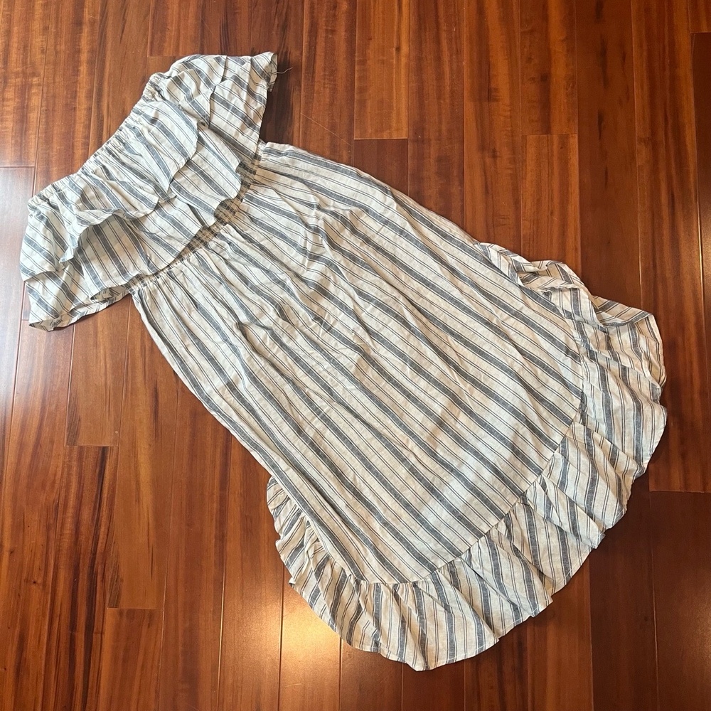 Rachel Roy Striped Linen Blend Dress Ruffle Off-Shoulder Maxi Midi‎ Size Medium